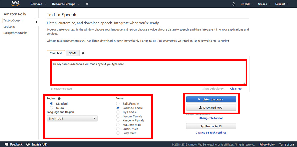 Screenshot of the Amazon Polly interface for inputting text and selecting voice options