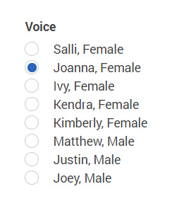 Screenshot of the Amazon Polly voice options for American English