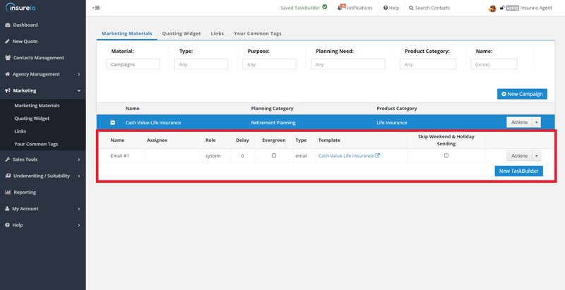 Automated Email Marketing in Insureio: Completed Task in the Task Builder
