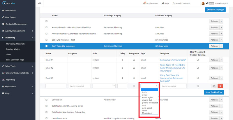 Automated Email Marketing in Insureio: Task Options