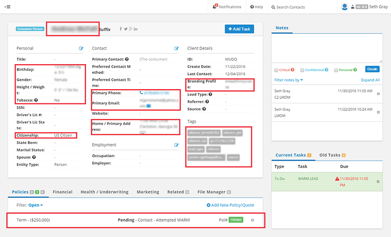 A client profile in Insureio