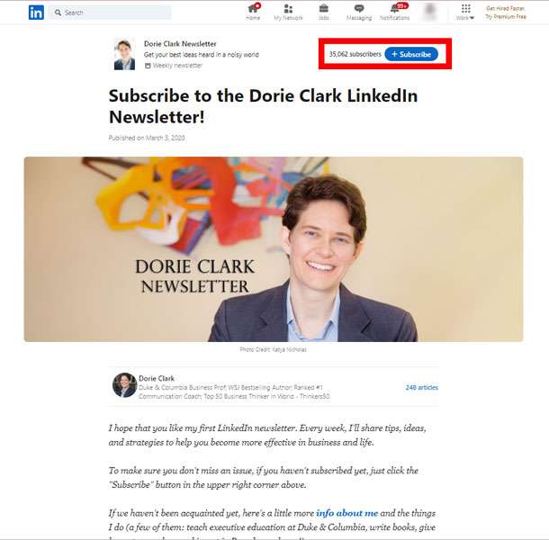 Screenshot of Dorie Clark's newsletter sign-up page on LinkedIn