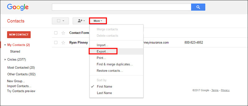 Choose More / Export from the Contacts option in Gmail
