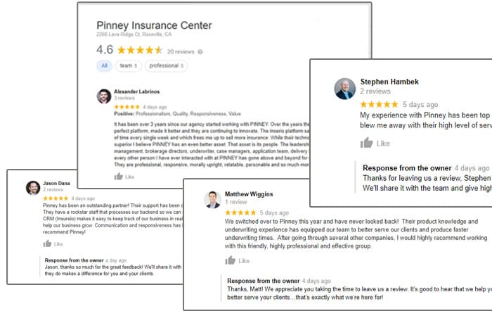 Collage of screenshots from Pinney's Google My Business reviews