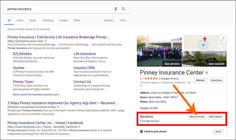 Screenshot of Google results showing where to click to leave a review for a business