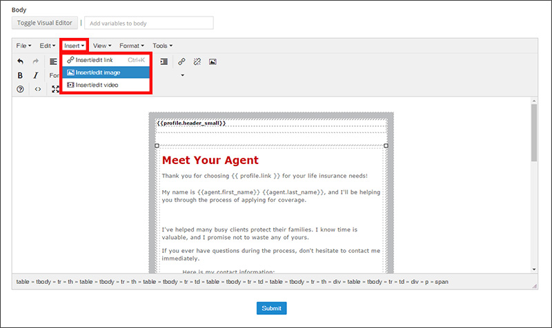 Using the Insert Image feature in the Insureio WYSIWIG email editor