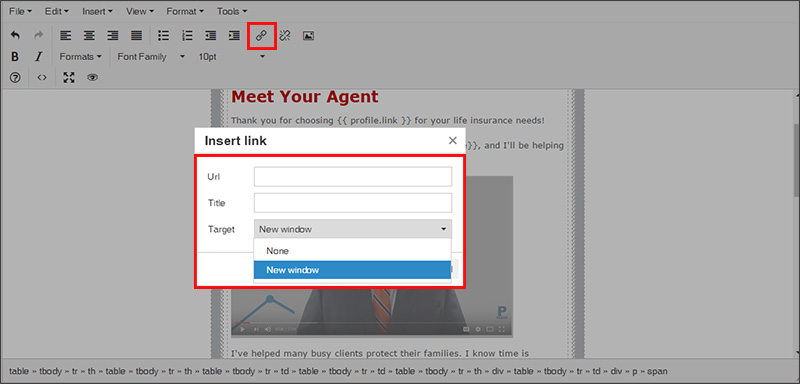 Using the Insert Link field in the Insureio WYSIWIG email editor
