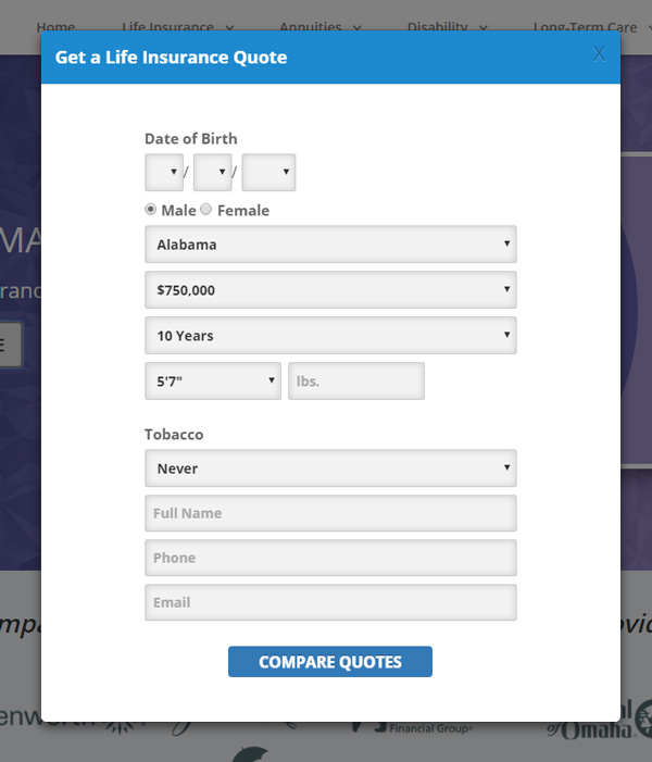 InsuranceDivision.com home page quote modal