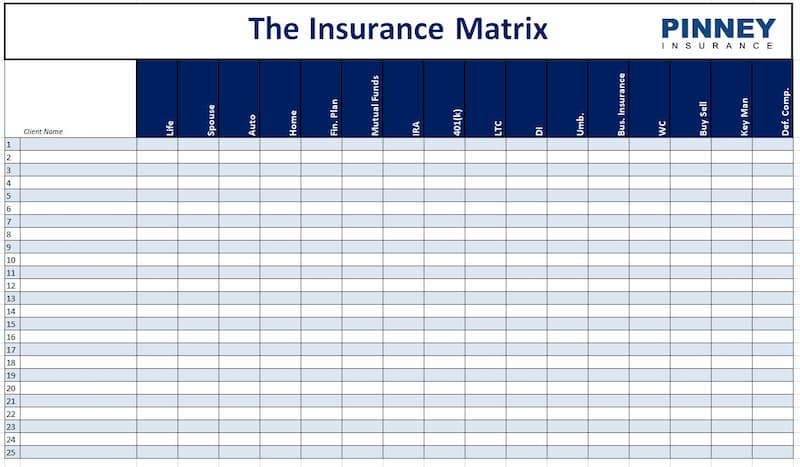 A grid with X and Y axis, showing clients listed along the Y axis and products and services listed along the X axis