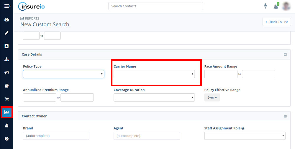 Screenshot of Insureio's reporting section, with the search criteria for carrier name highlighted in red.
