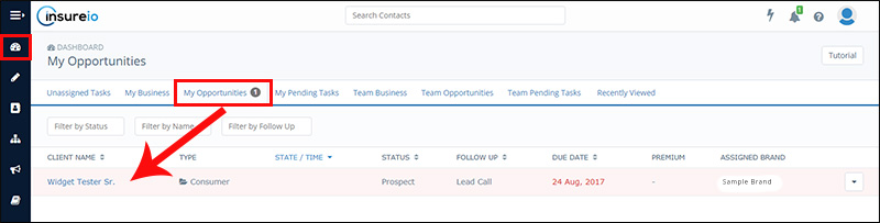 Insureio: Sales Opportunities in the Dashboard
