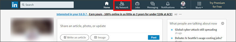 Exporting contacts from LinkedIn - click My Network at top of page