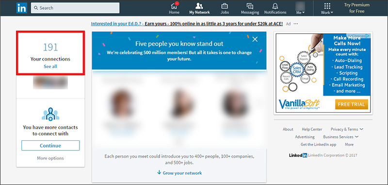 Exporting contacts from LinkedIn - click See all beneath the number of your connections