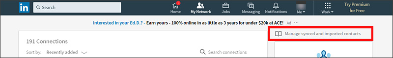 Exporting contacts from LinkedIn - click Manage synced and imported contacts