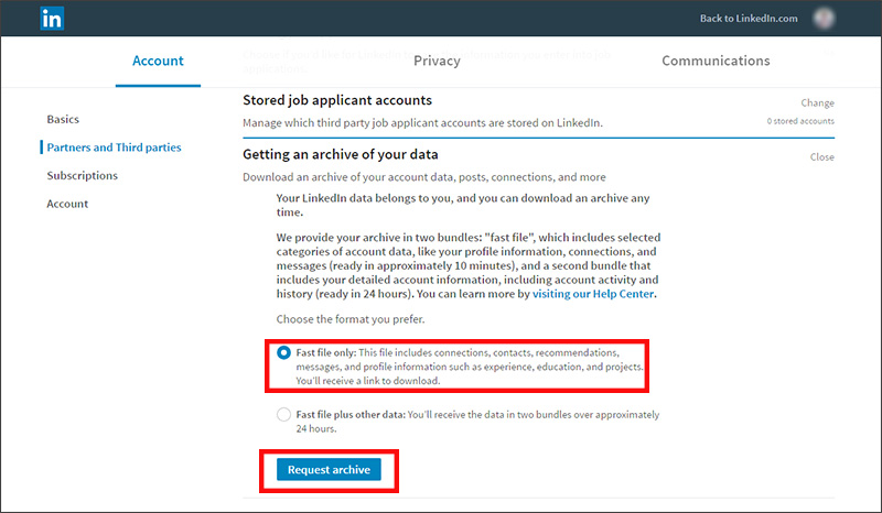 Exporting contacts from LinkedIn - get an archive of your data