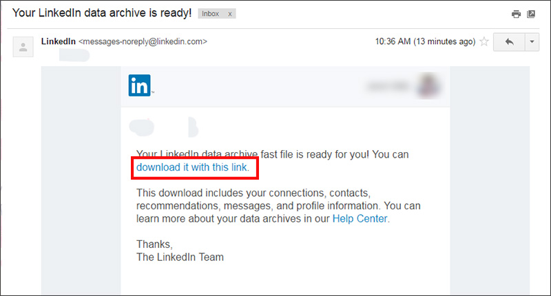 Exporting contacts from LinkedIn - click the link in the email sent by LinkedIn