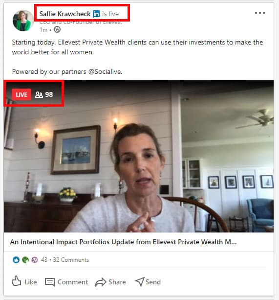 Screenshot of Sallie Krawcheck of Ellevest's LinkedIn live video