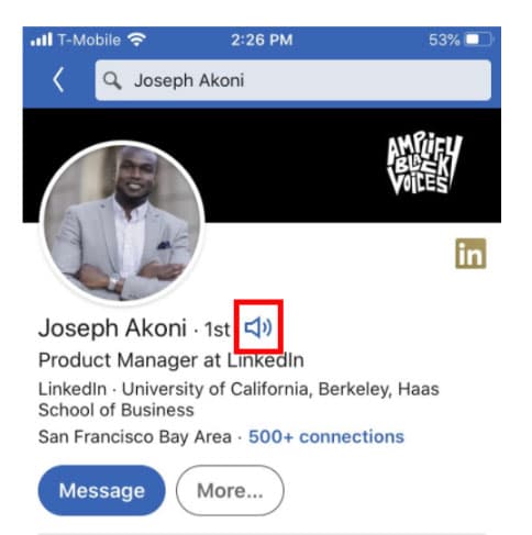 Screenshot of Joseph Akoni's profile with the speaker icon indicating a recorded name pronunciation on LinkedIn