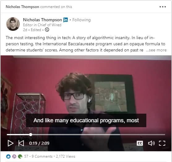 Screenshot of Nicholas Thompson's video post on LinkedIn