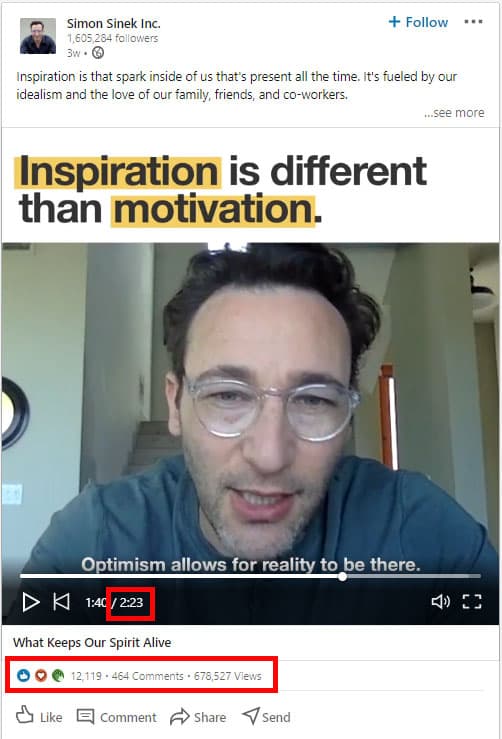 Screenshot of Simon Sinek's video post on LinkedIn