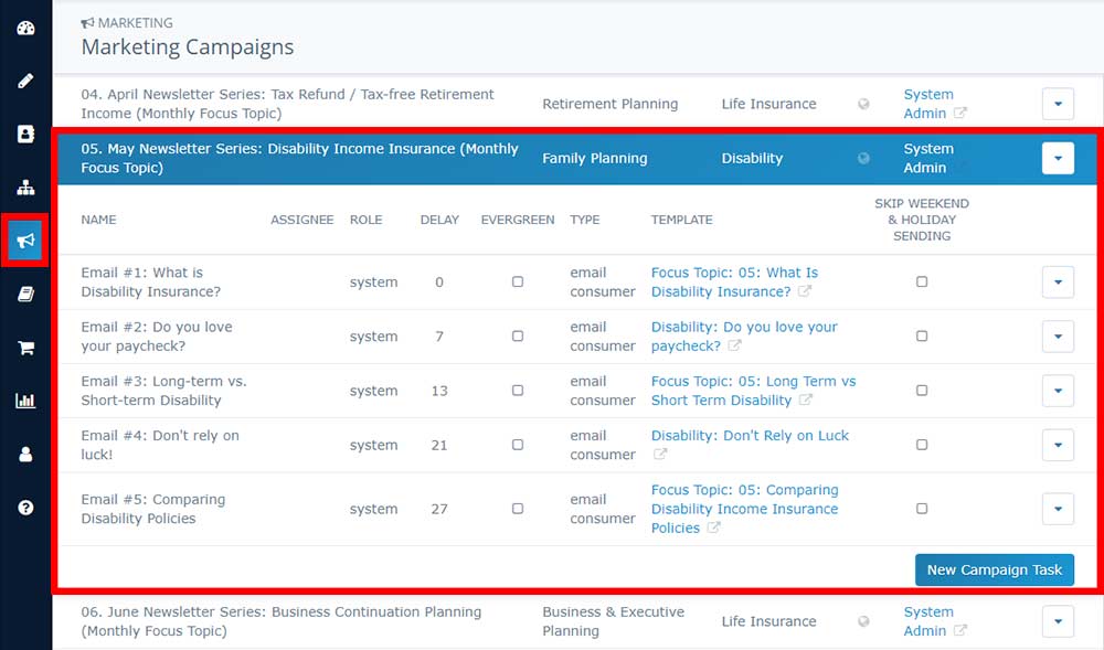 May newsletter campaign viewed in the Insureio Marketing Campaigns dashboard