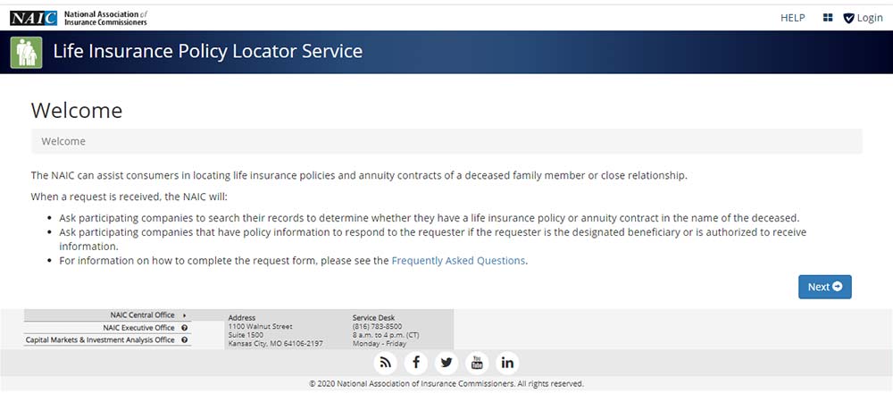 Screenshot of the NAIC website with the beginning screen for the policy locator process.