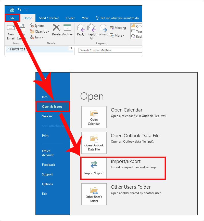 Export option in Outlook file menu