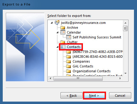 Select your contacts folder to export to a CSV file in Outlook