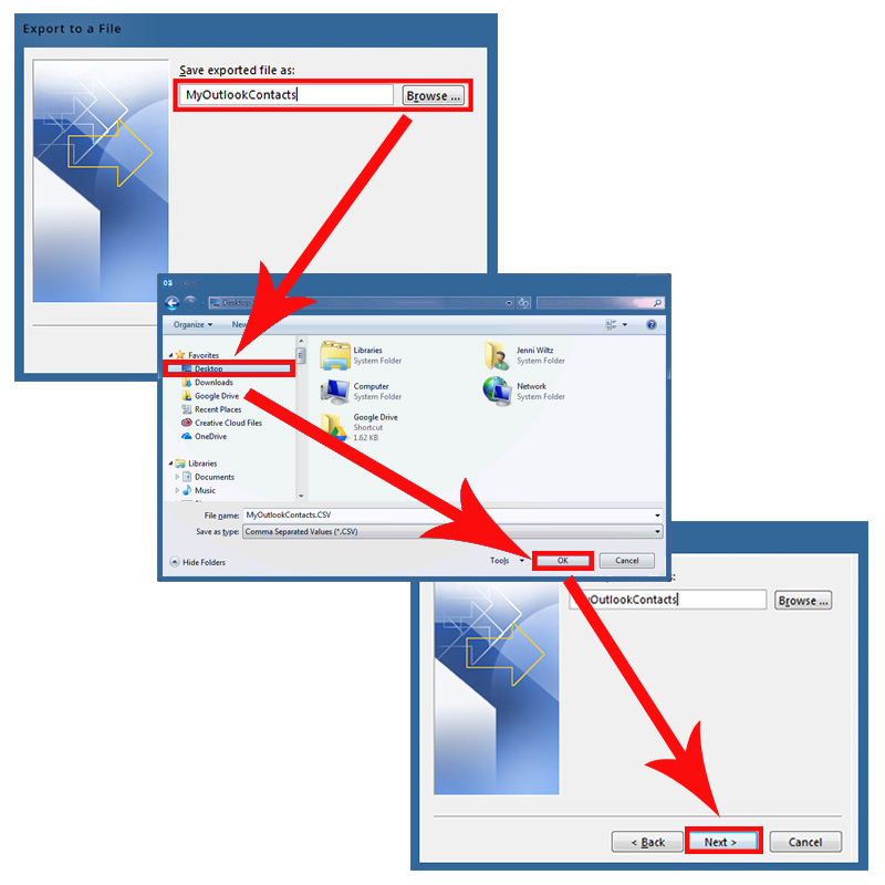 Name and save your exported contacts from Outlook