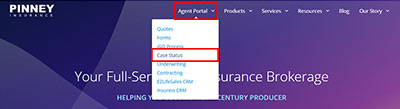 Screenshot of the Pinney Insurance website header, with the link in the Agent Portal to Check Status.