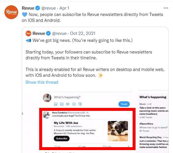 Screenshot of a tweet with a Revue newsletter subscription button