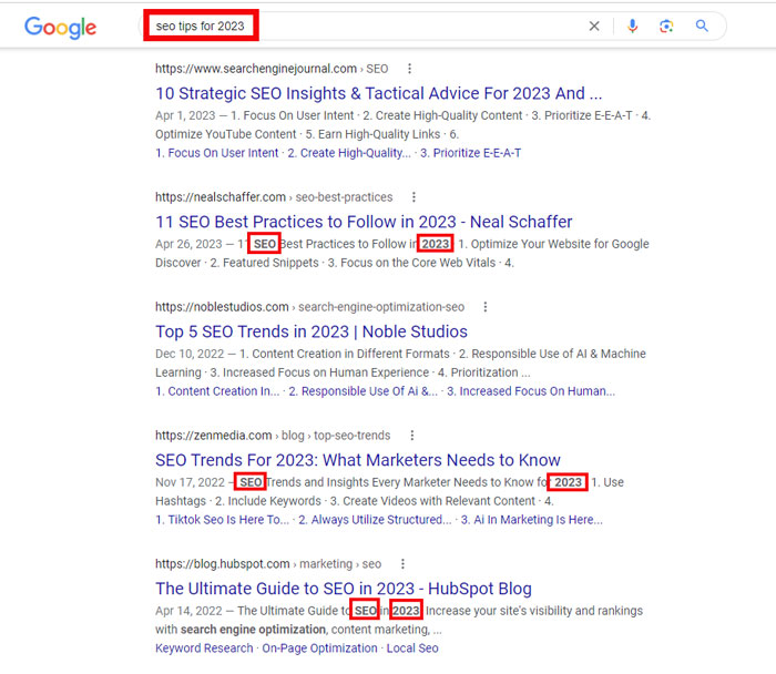A page's meta description appears with query keywords in bold in Google's search results.
