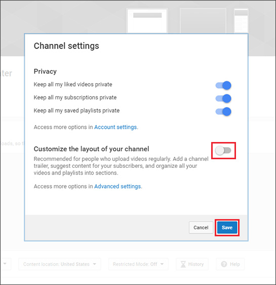 YouTube channel customization setting