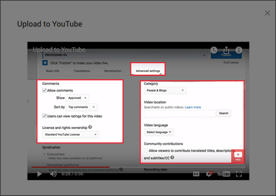 YouTube video metadata shown in the Advanced settings tab