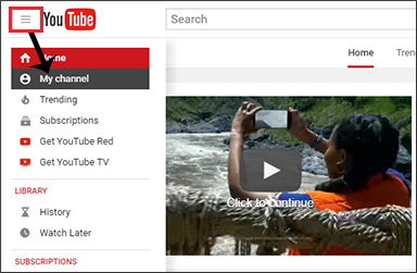 YouTube menu - access your channel