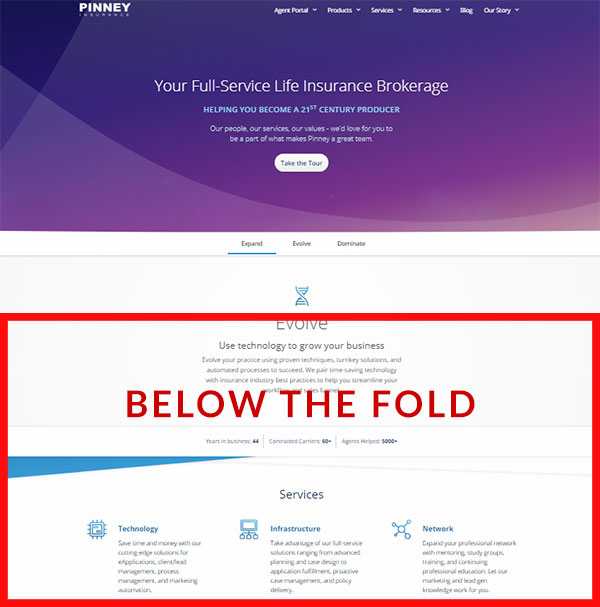 Above and below the fold content on the Pinney Insurance website