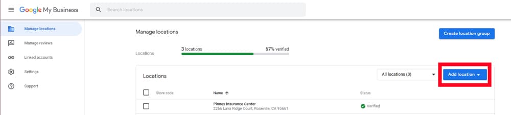 Screenshot of Google Business Profile dashboard showing the blue 'Add location' button.