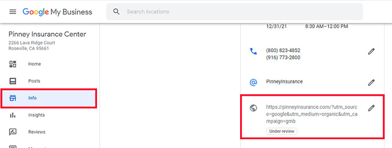 Screenshot of Google My Business showing the box where you should paste your revised URL