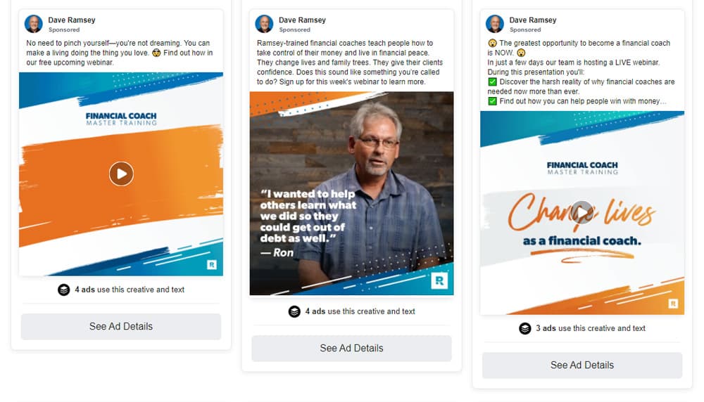 Screenshot of several Dave Ramsey ads promoting a webinar