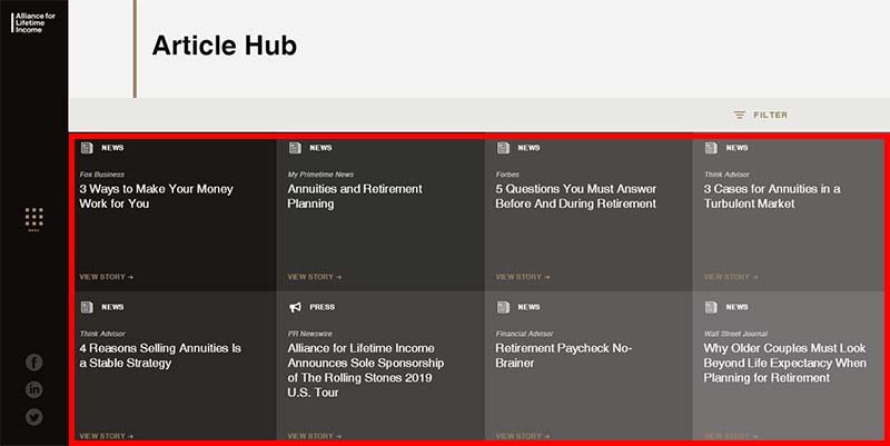 Screenshot of the Alliance for Lifetime Income website with the article hub highlighted in red