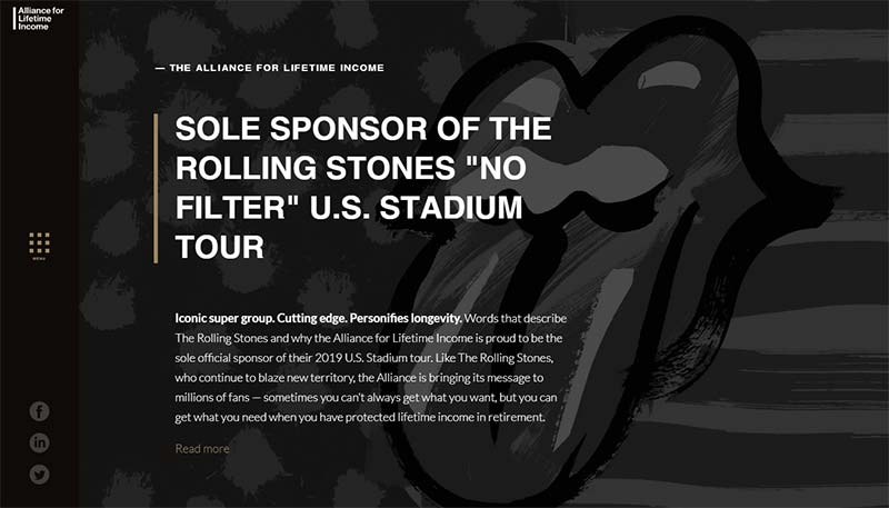 Screenshot of the Alliance for Lifetime Income website with an announcement about their sponsorship of the Rolling Stones 2019 U.S. stadium tour