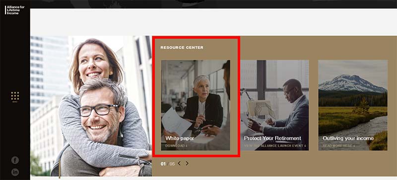 Screenshot of the Alliance for Lifetime Income website with the white paper download highlighted in red
