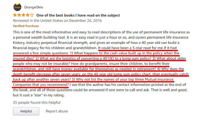 Screenshot of a customer's book review that points out questions the book did not answer