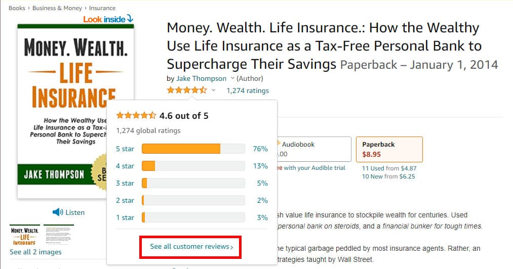 Screenshot of the 'See all customer reviews' link when you hover over the star ratings beside an Amazon book's title