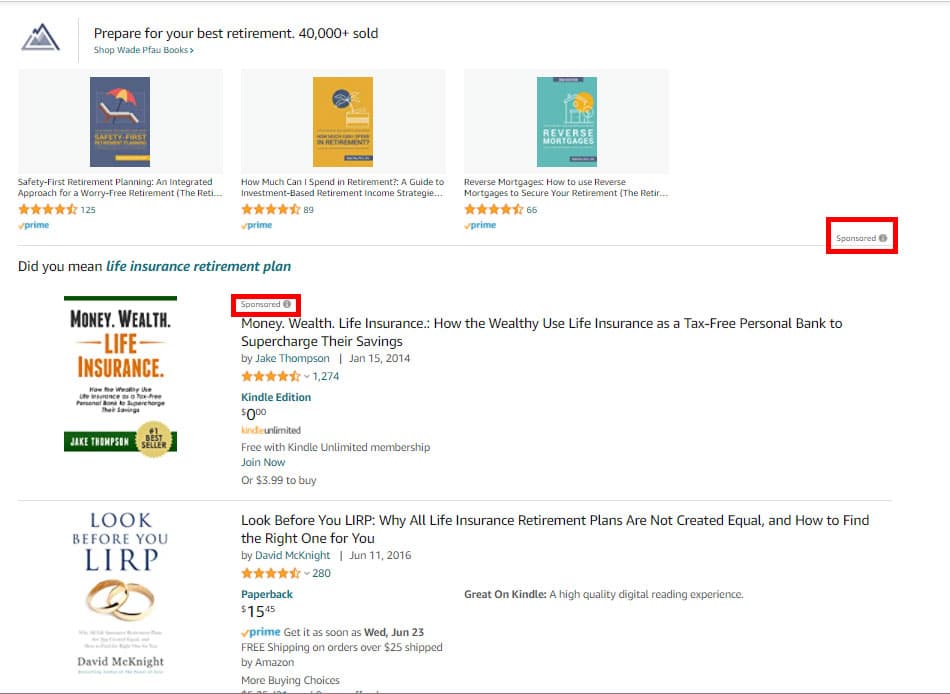 Screenshot of Amazon's sponsored results when you type in 'life insurance'