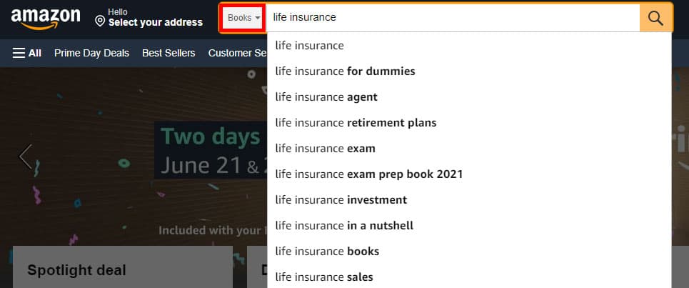 Screenshot of Amazon's auto-suggestions when you type in 'life insurance'