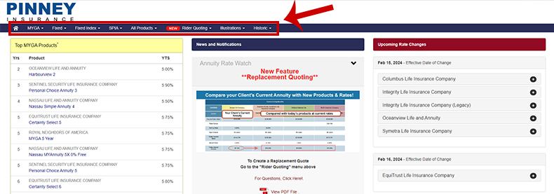 Screenshot of the Annuity Rate Watch home page, with the main menu along the top highlighted