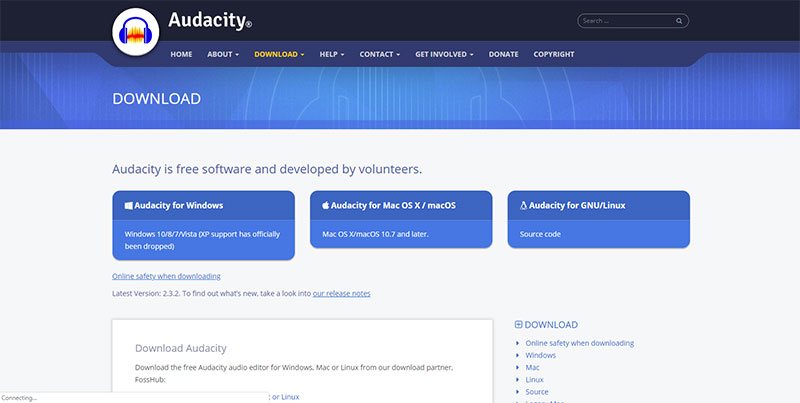 Screenshot of the Audacity download page