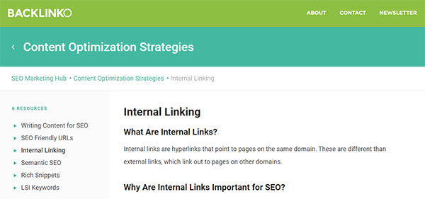Screenshot of the resource mentioned, Backlinko's guide to internal links