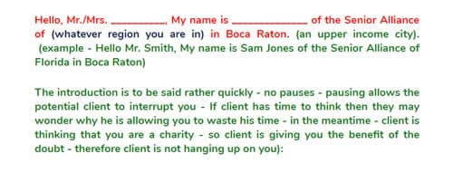 Screenshot of a sales script advising the agent to trick the client into thinking they're calling on behalf of a charity